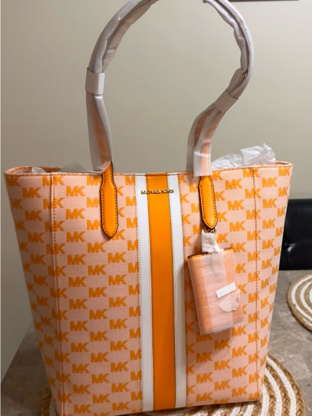 Michael Kors Orange and White MK Logo Stripe Tote